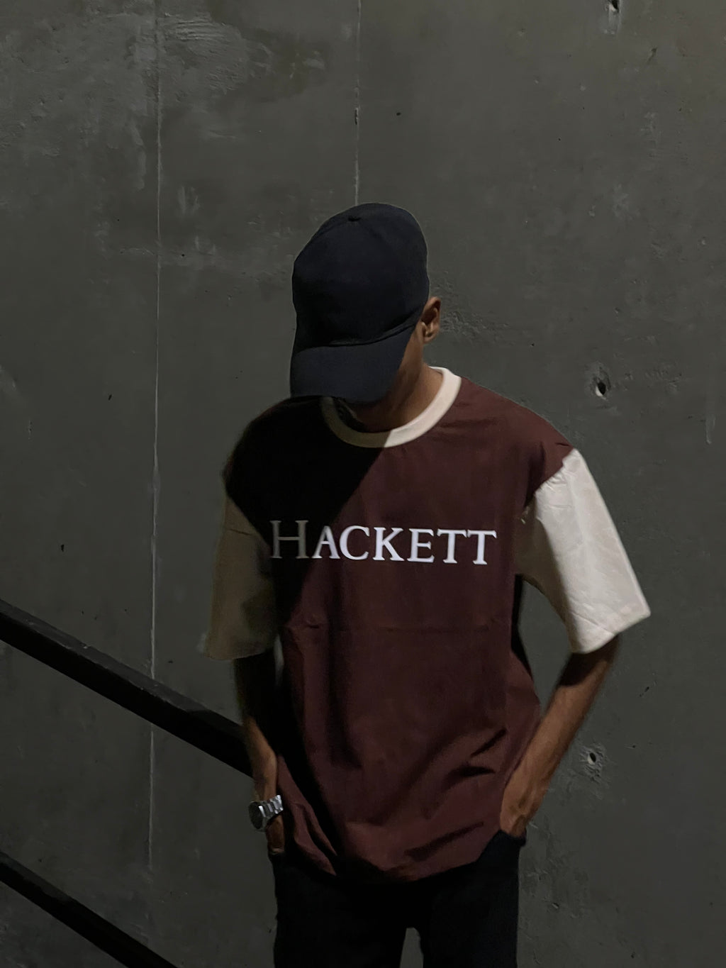 Hackett Oversized Contrast Sleeve Tee – Maroon & Cream Edition|KAS-X