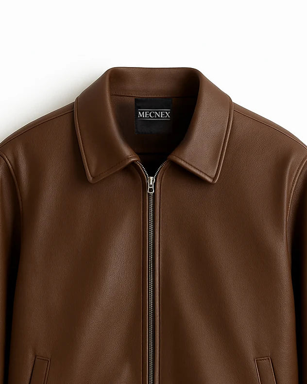 Classic Tan Brown Leather Zip Jacket Mecnex | Kas-X