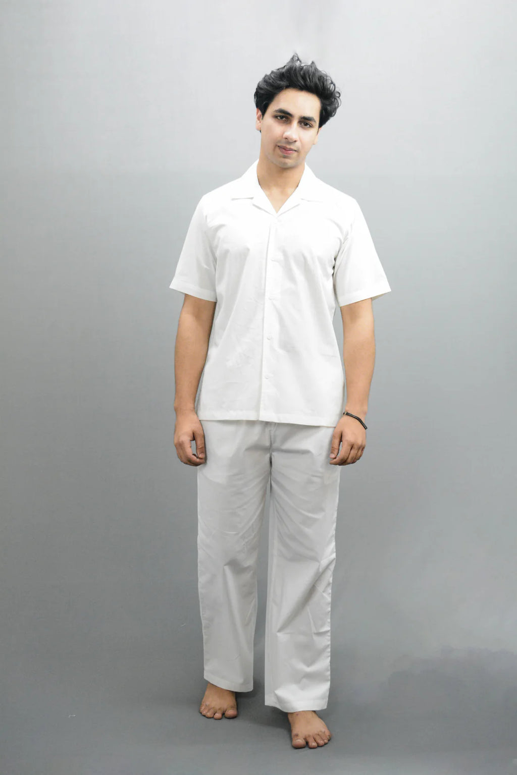 Men Linen Solid V Co-ord Set White