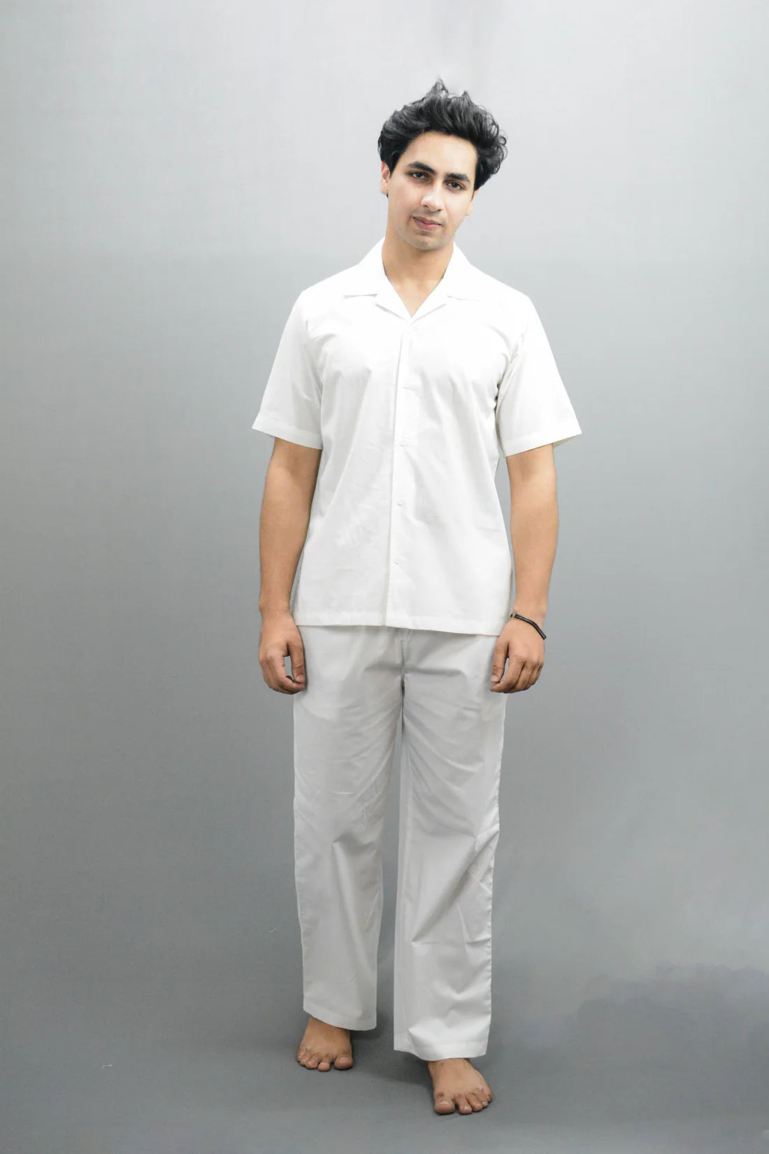 Men Linen Solid V Co-ord Set White