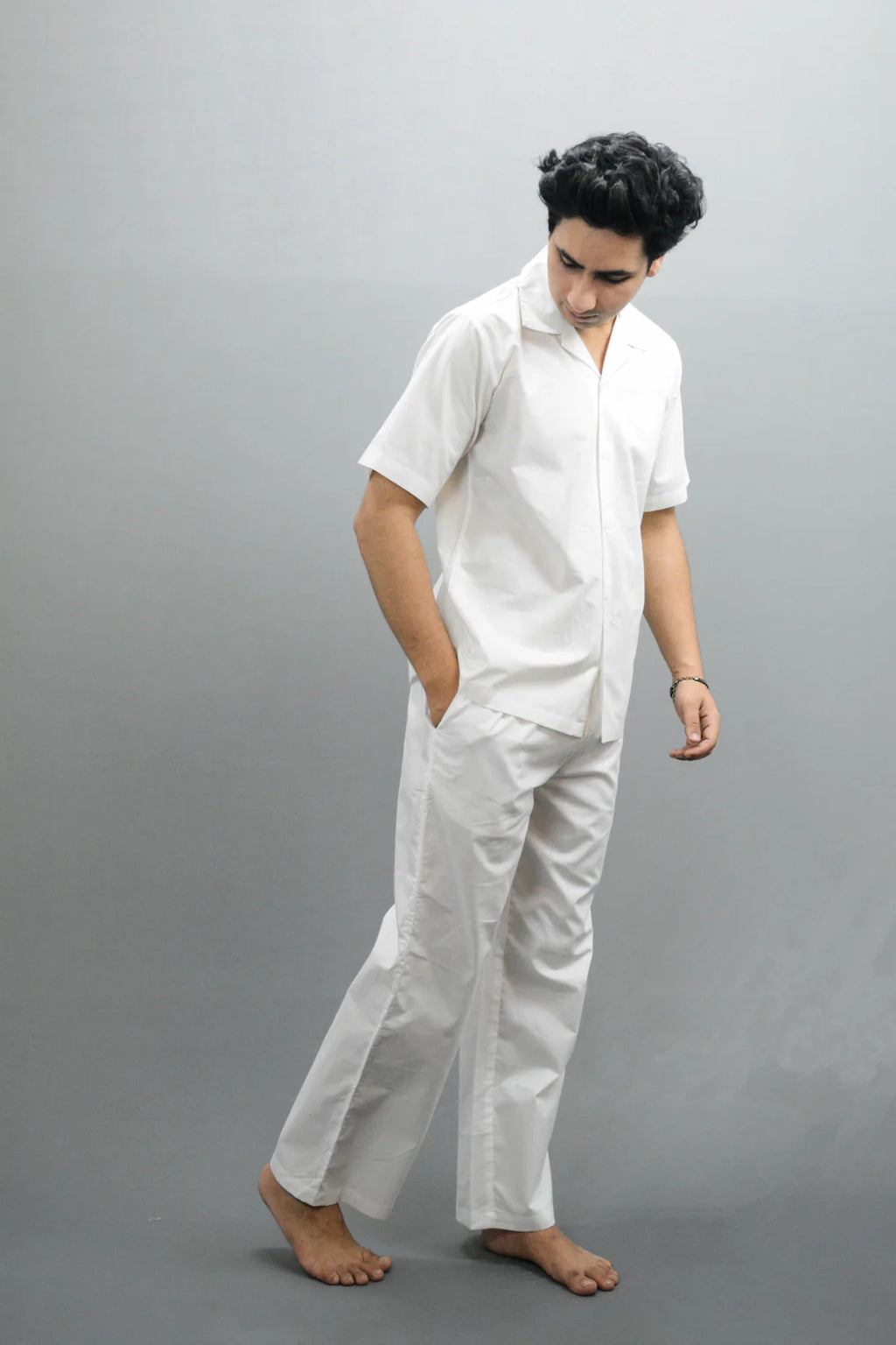 Men Linen Solid V Co-ord Set White