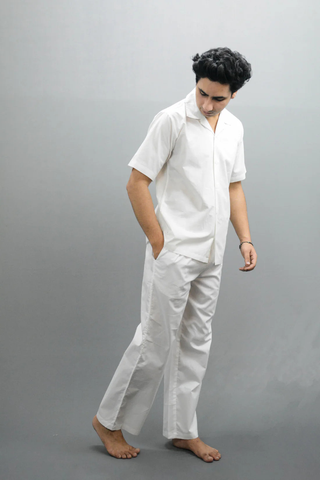 Men Linen Solid V Co-ord Set White