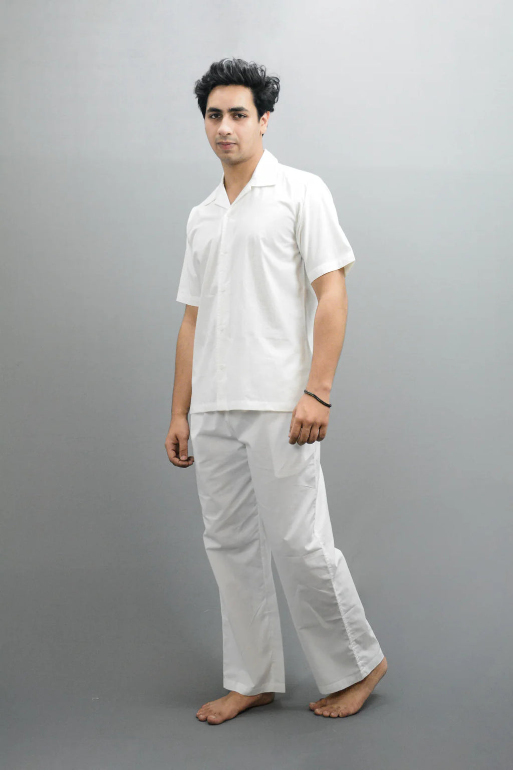 Men Linen Solid V Co-ord Set White