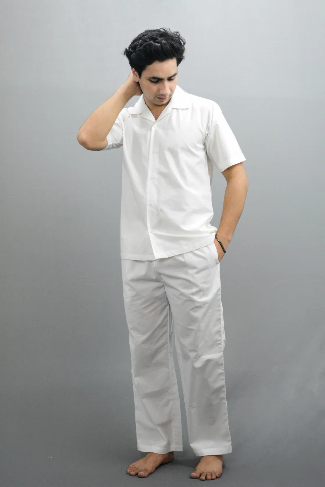 Men Linen Solid V Co-ord Set White
