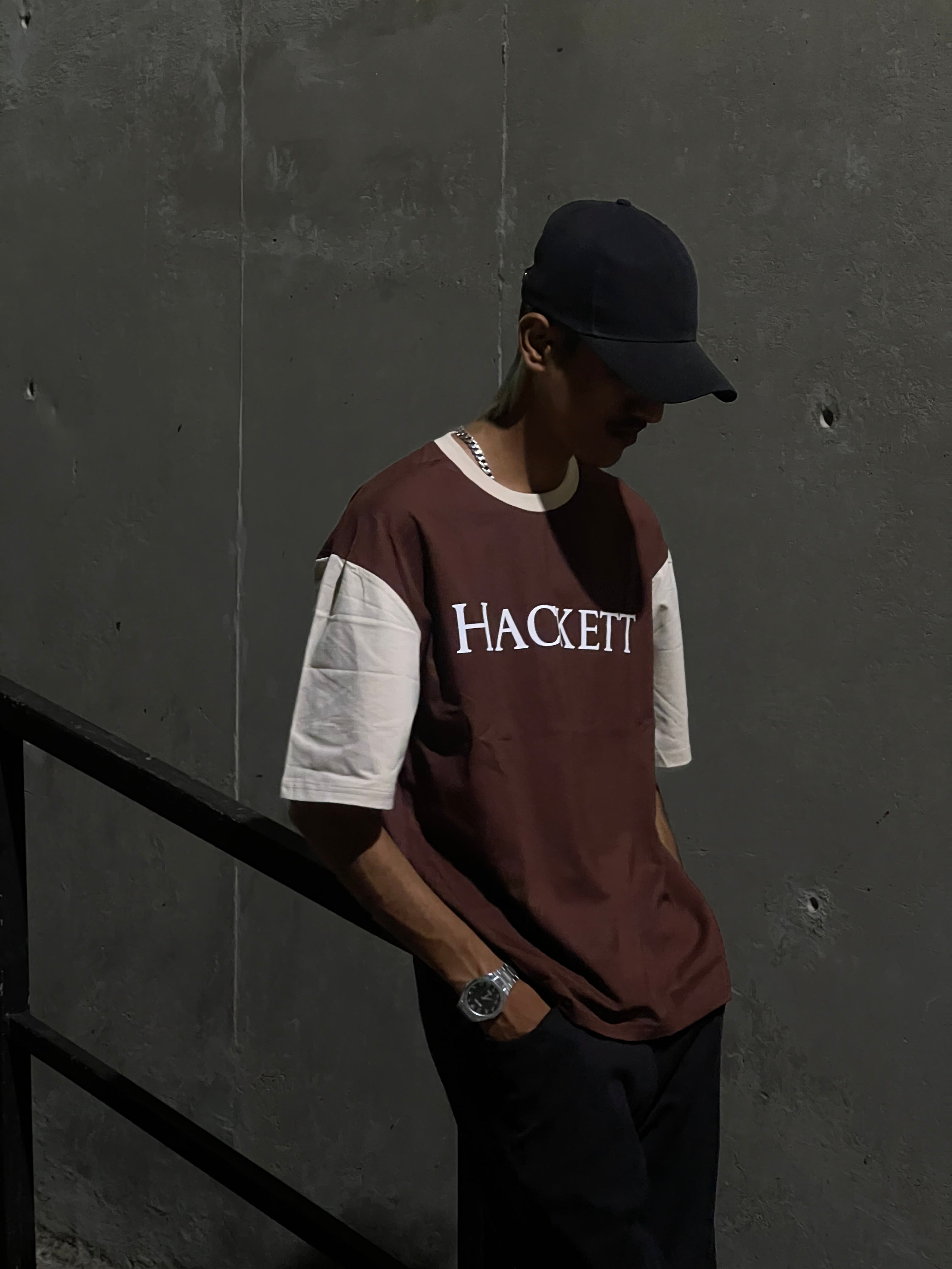 Hackett Oversized Contrast Sleeve Tee – Maroon & Cream Edition|KAS-X
